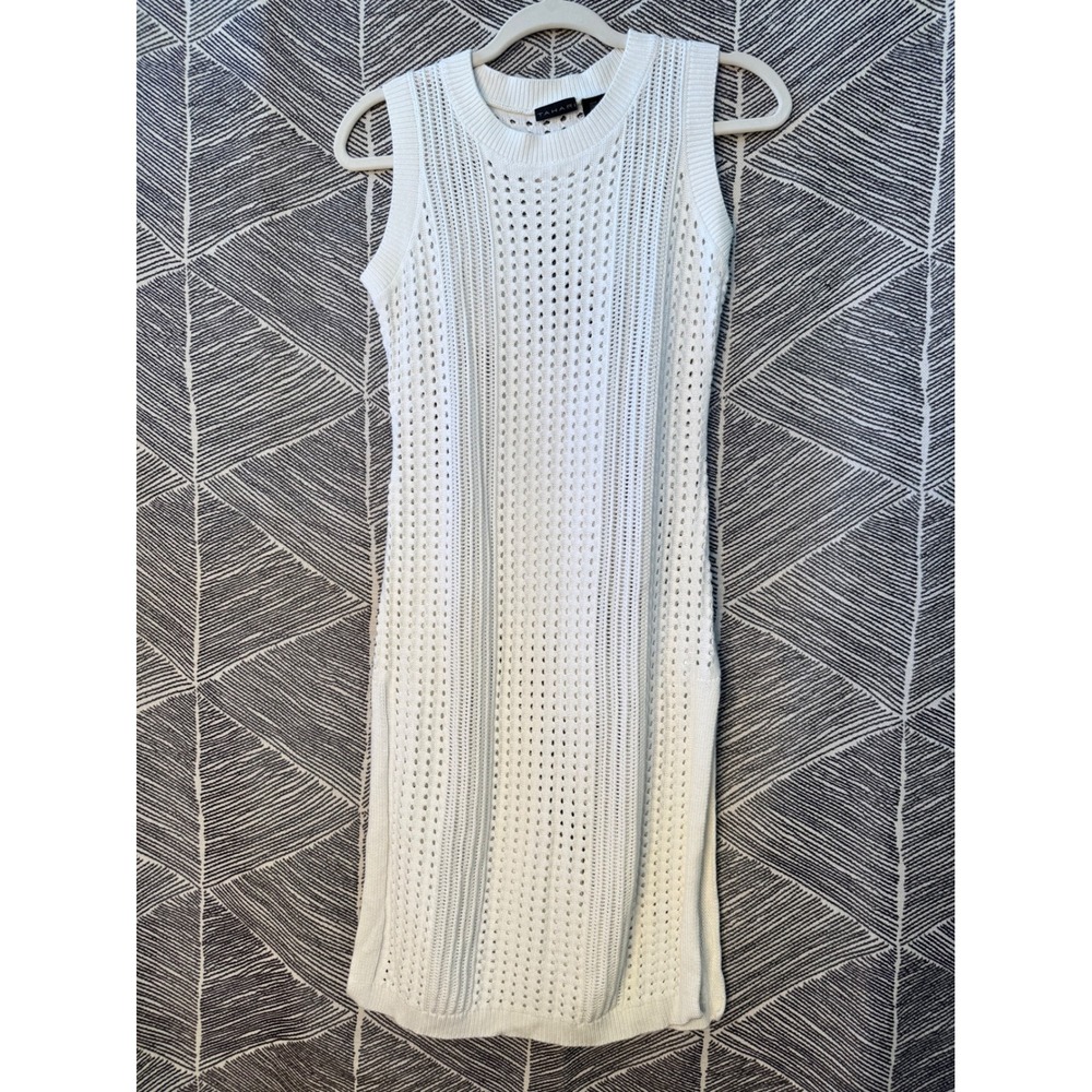 Tahari White Pointelle Knit‎ Sleeveless Midi Dress Viscose Cotton Sz M